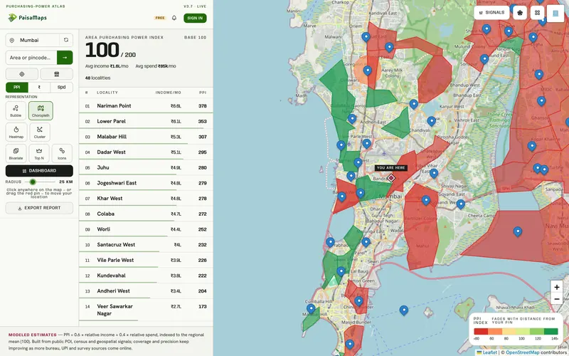 Full app: ranked localities beside the map, Mumbai