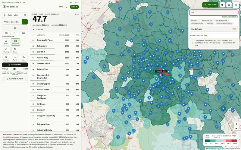 The map coloured by cars per 1,000 people, with the signal explorer open